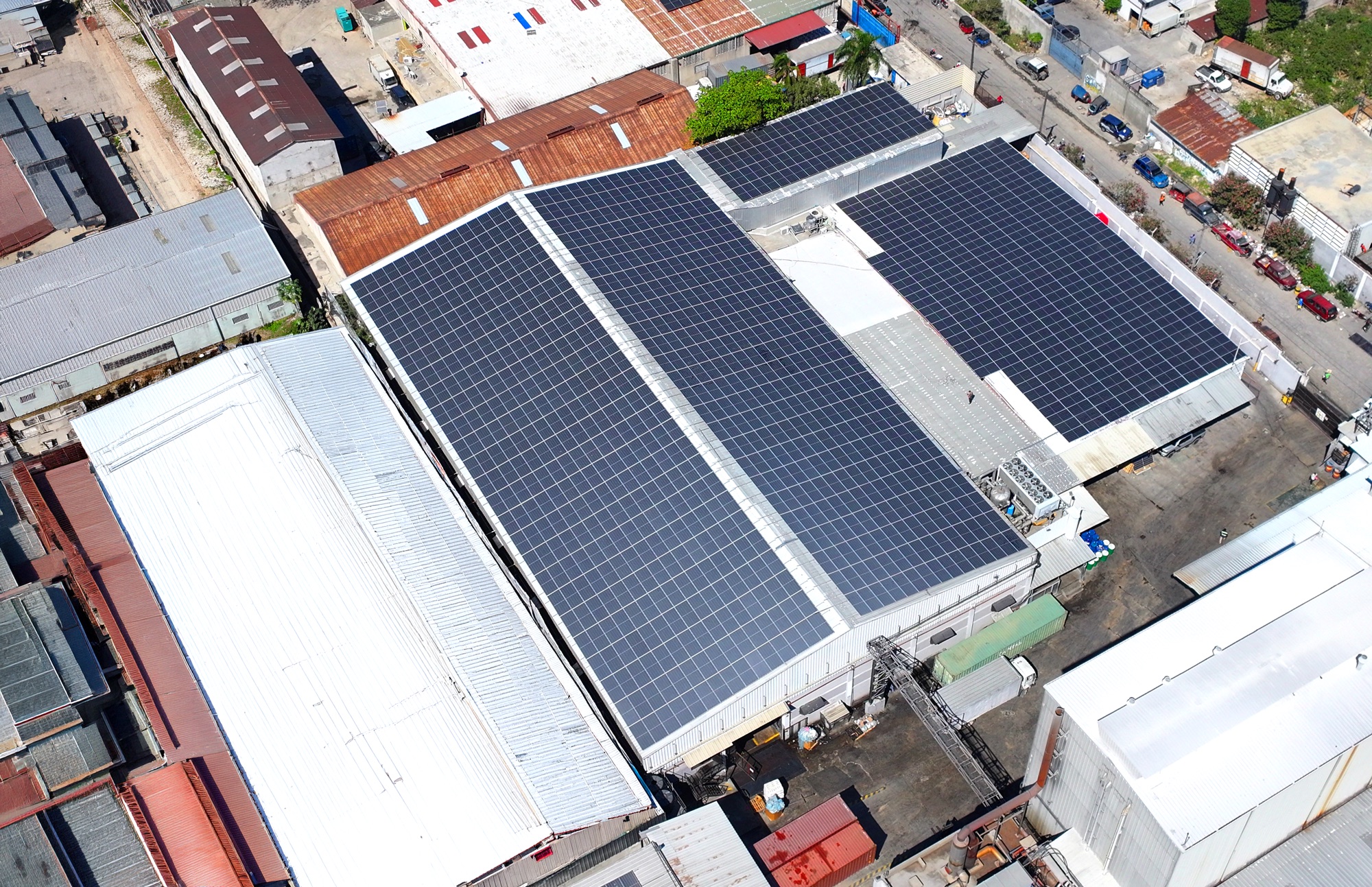 Aerial view of a large rooftop solar installation by Evolta in Haiti