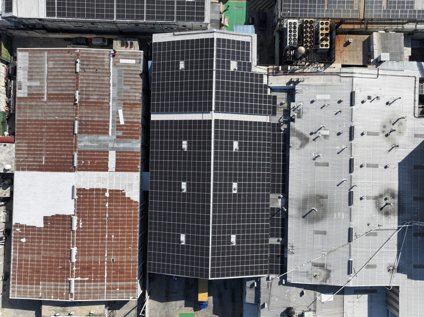 Dense rows of solar panels from above